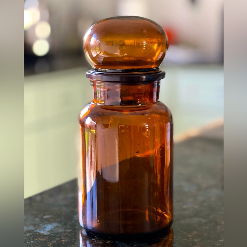 VINTAGE Amber Belgian Glass Apothecary Bottle 8 1/2” tall